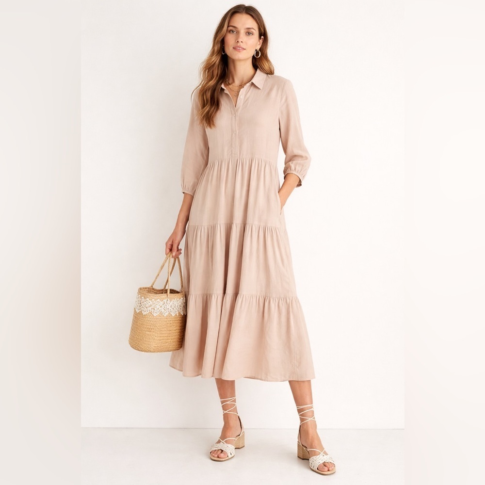 Tuckernuck Pomander Place tan long sleeve tiered midi dress w balloon sleeves L.
